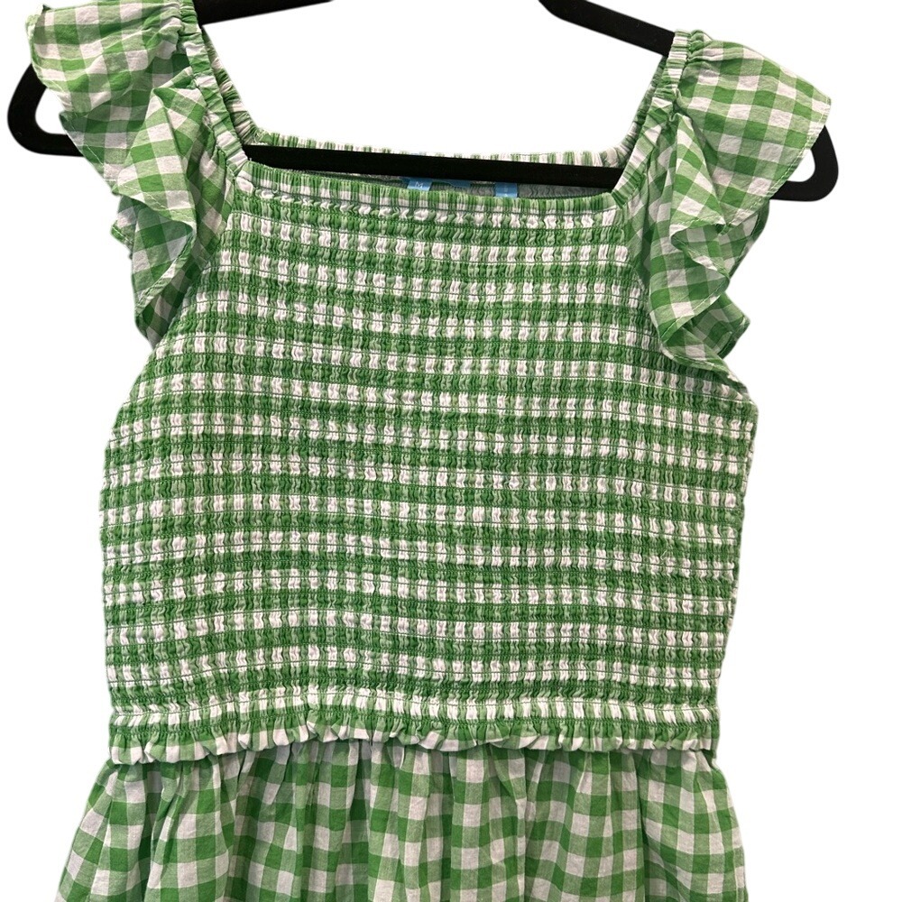 Green Gingham‎ Smocked Ruffle Sleeve Top Cottagecore Summer Blouse